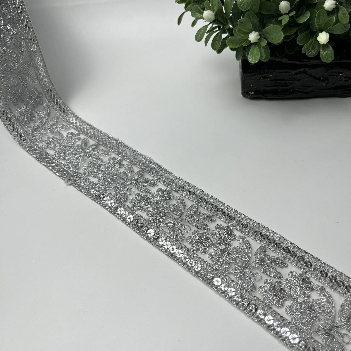 Spiral Floral Vine Sitara Tilla Work Fancy Lace Silver