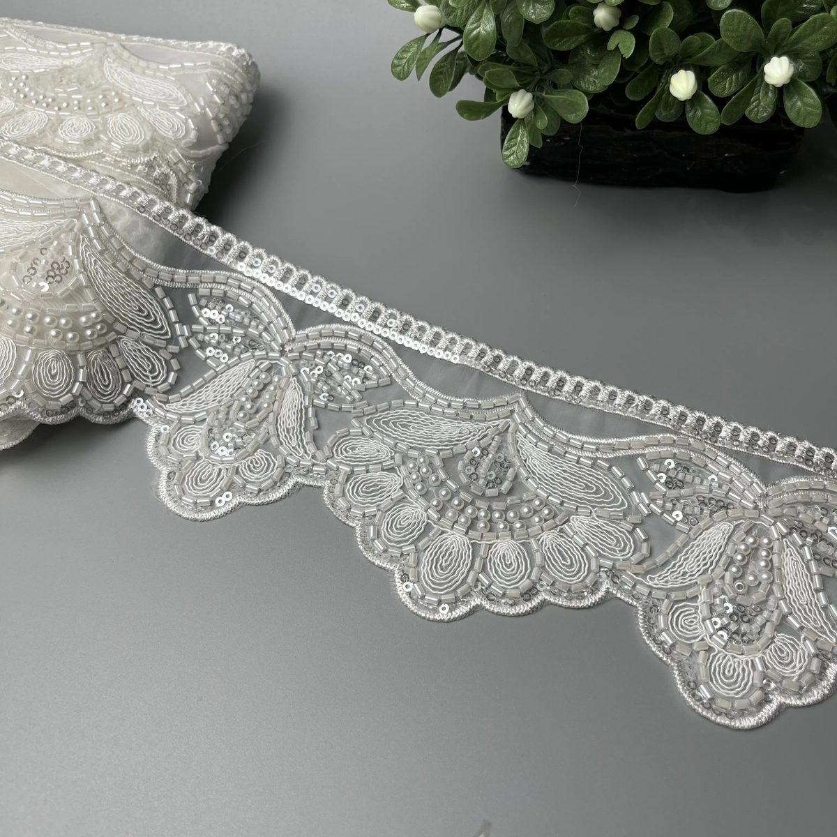Scalloped Paisley Pearl Cutdana Lace White