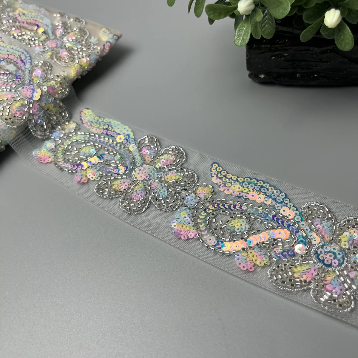 Paisley Floral Centre Cutdana Sitara Lace Iridescent Pastel Multicolour & Silver