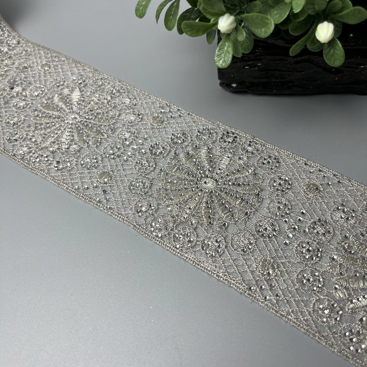 Starburst Floral Stone Tilla Net Fancy Lace Polished Metallic Silver