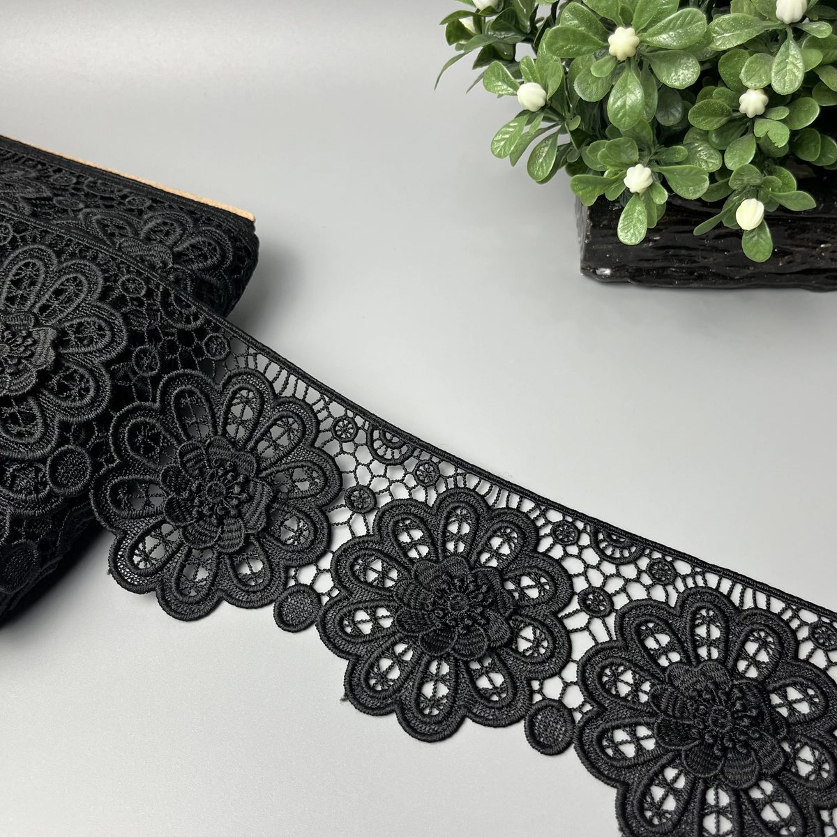 3D Floral Medallion Cutwork Net Lace Black