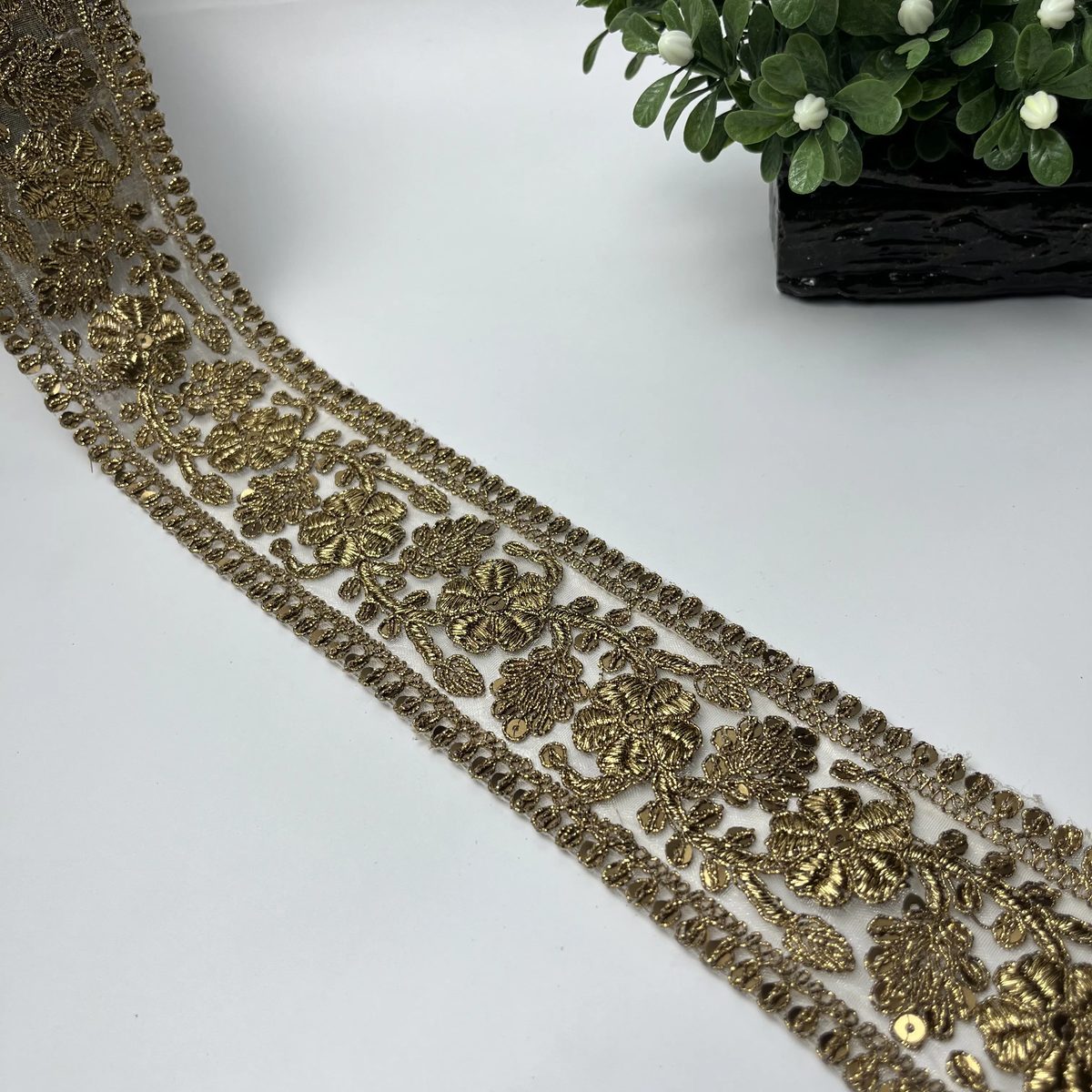 Floral Vine Sitara Tilla Work Fancy Lace Antique Gold