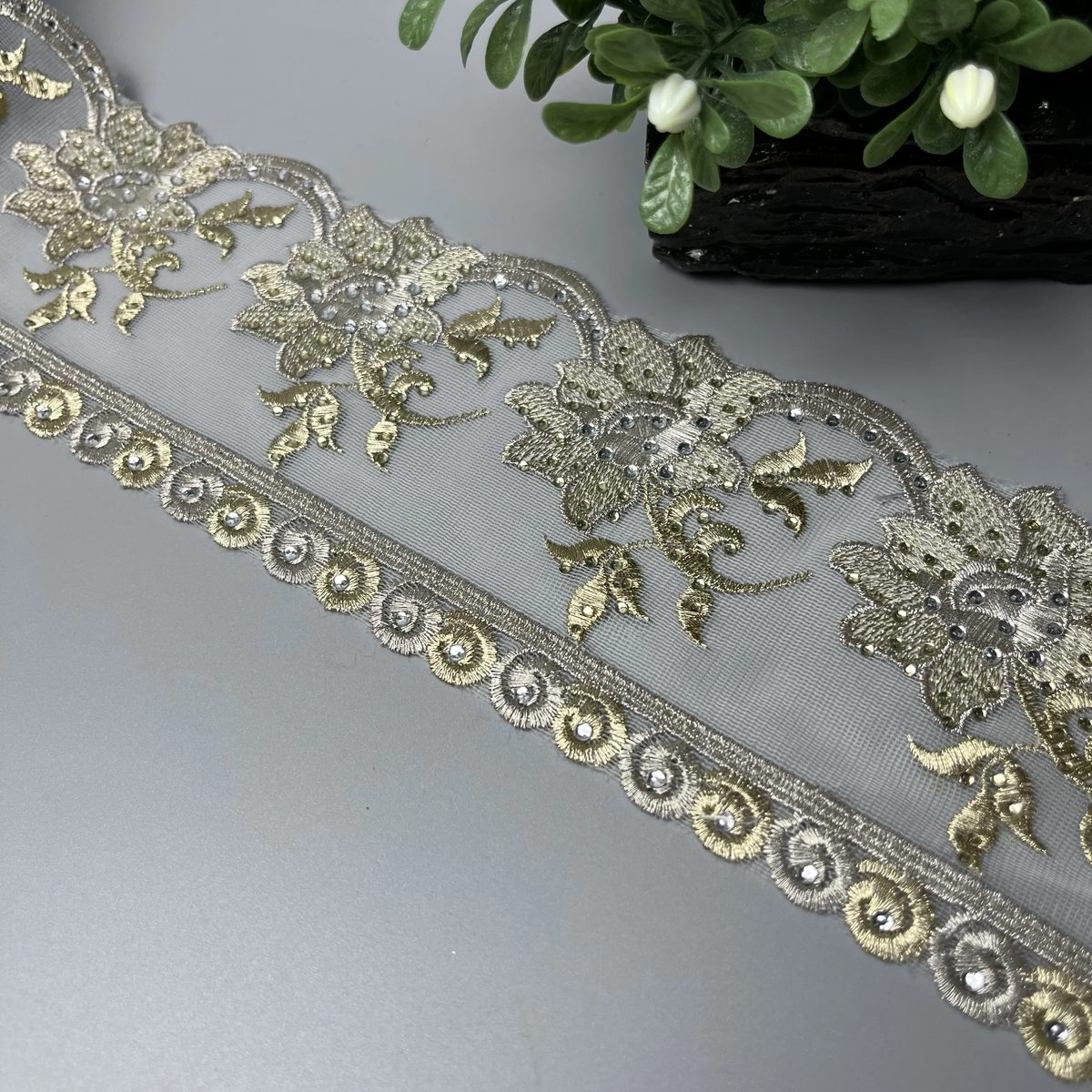 Star Flower Vine Two-Tone Stone Tilla Net Fancy Lace Pale Antique Gold And Polished Metallic Silver