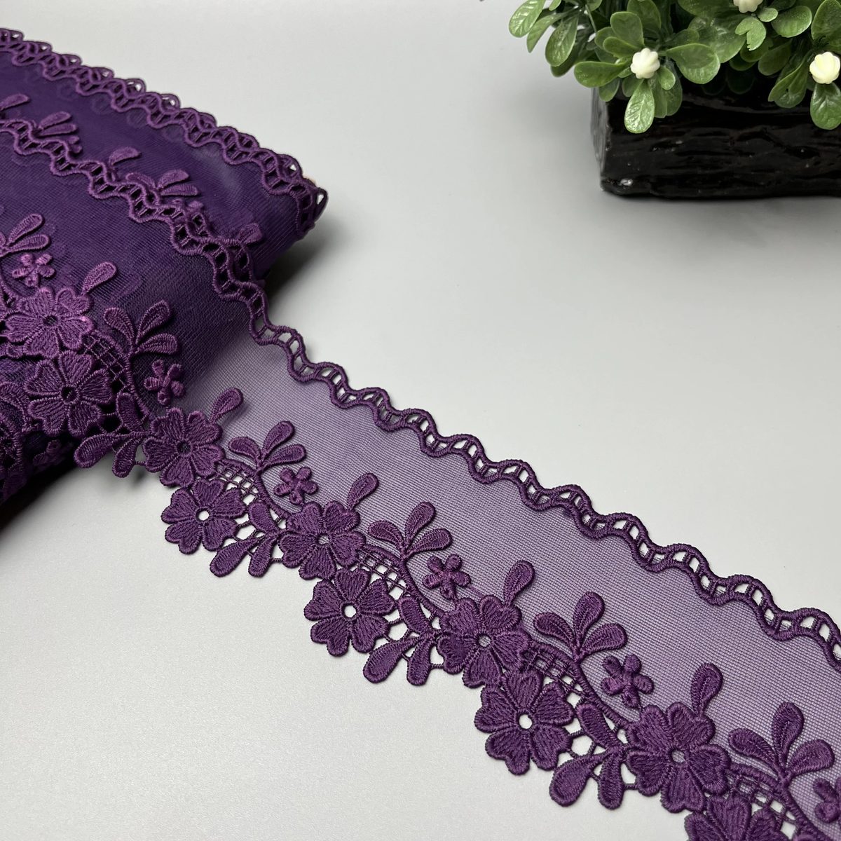 Daisy Sprig Wavy Edge Organza Net Lace Deep Muted Aubergine Purple