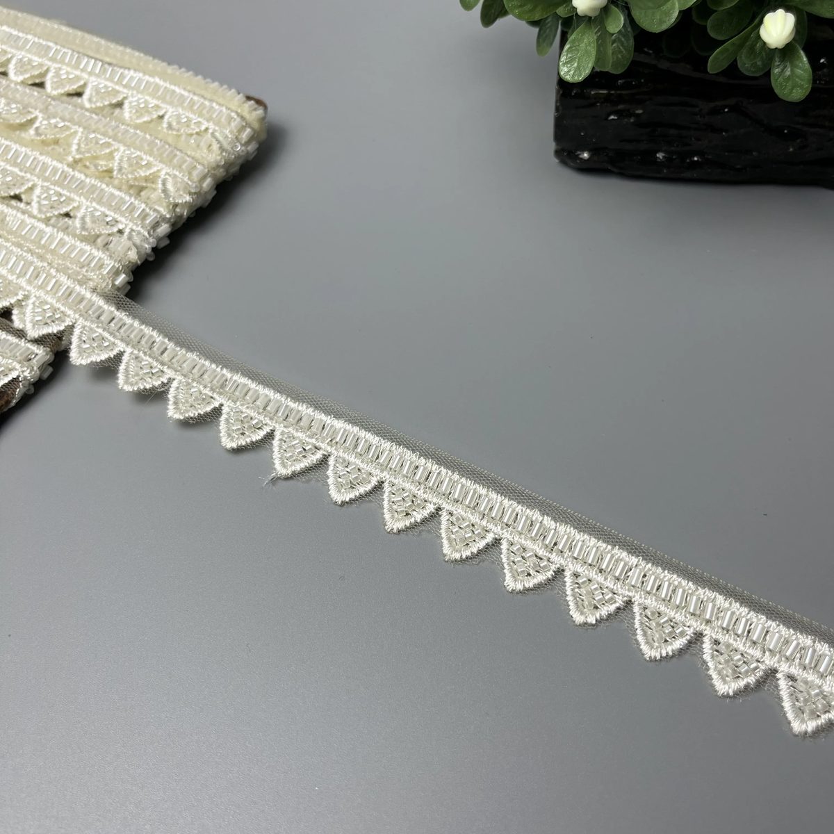 Teardrop Cutdana Net Scalloped Lace Soft Pearl White