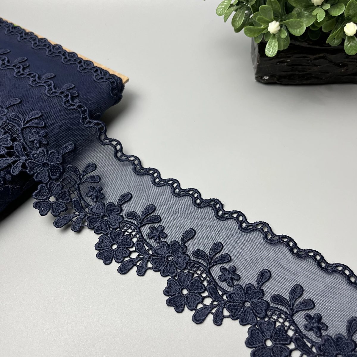 Daisy Sprig Wavy Edge Organza Net Lace Deep Midnight Navy Blue