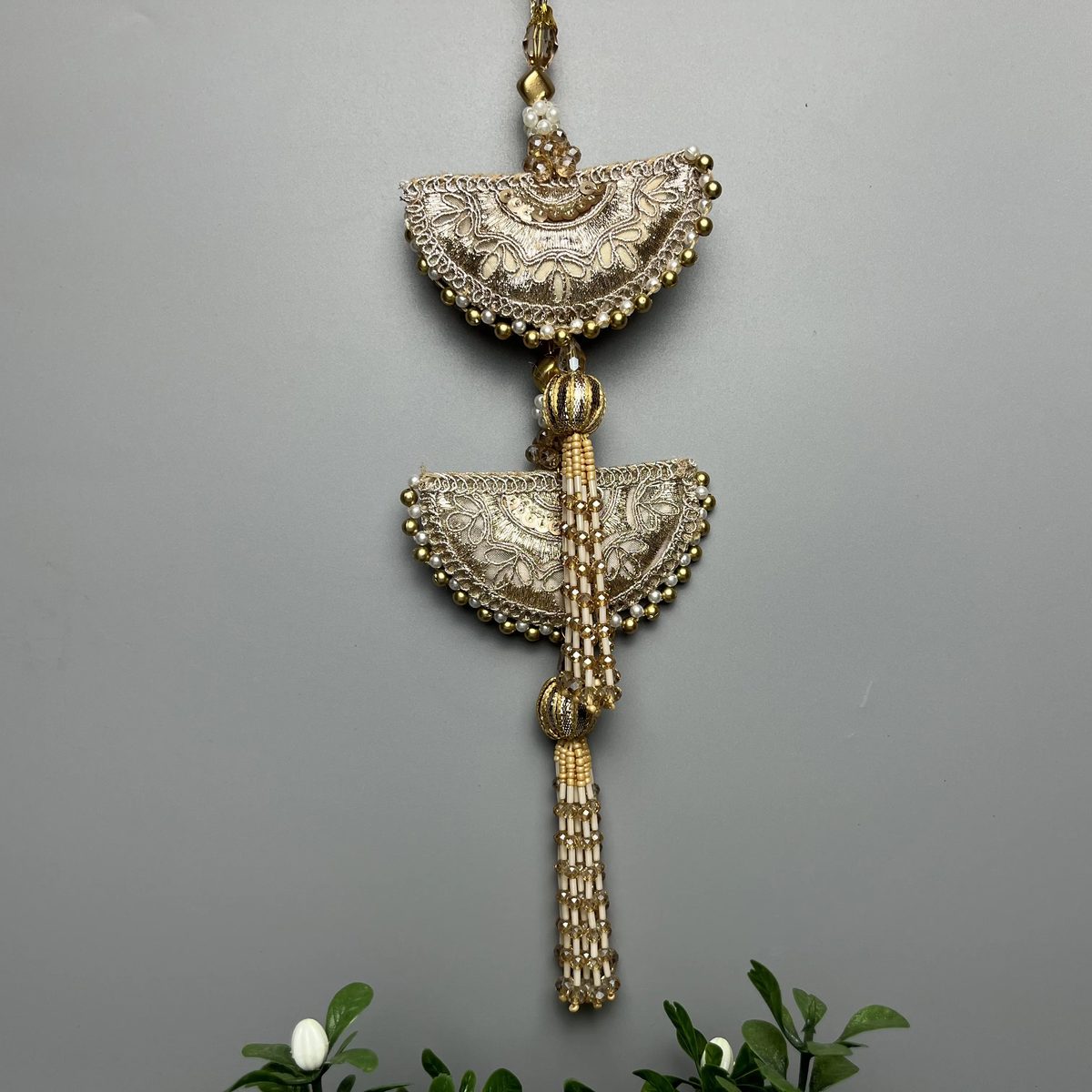 Gold Fan Brocade Beaded Fringe Handmade Back Dori Tassels Light Gold, Ivory And Pearl White