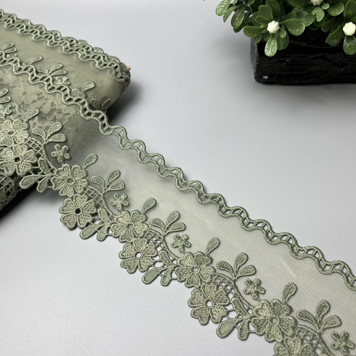 Daisy Sprig Wavy Edge Organza Net Lace Muted Grey Sage Green