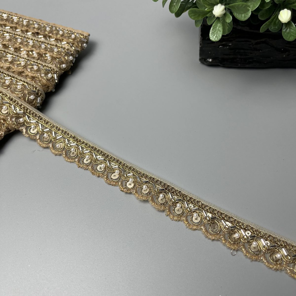 Half Pearl Chevron Cutdana Sitara Tilla Lace Antique Gold and Ivory Pearl