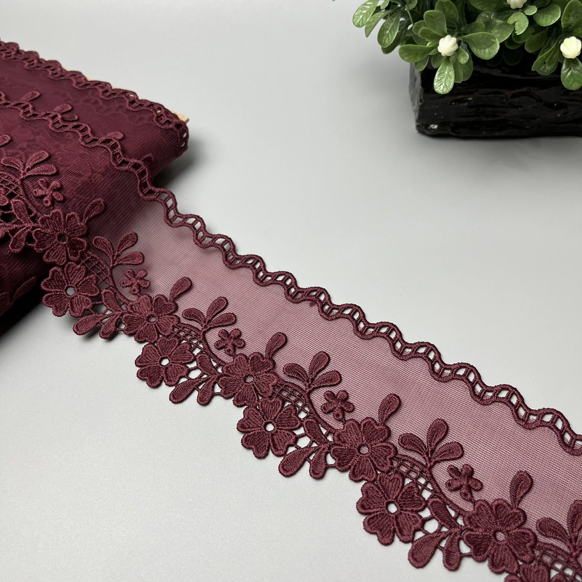 Daisy Sprig Wavy Edge Organza Net Lace Deep Wine Burgundy