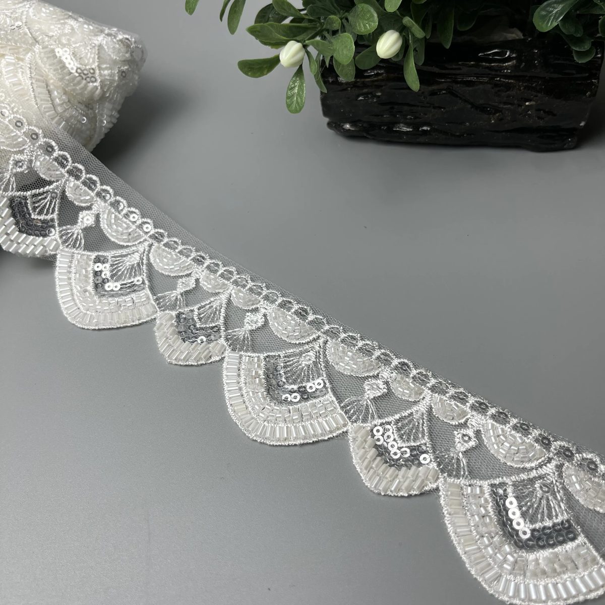 Paisley Fan Cutdana Sitara Scalloped Net Lace White with Silver Sitara