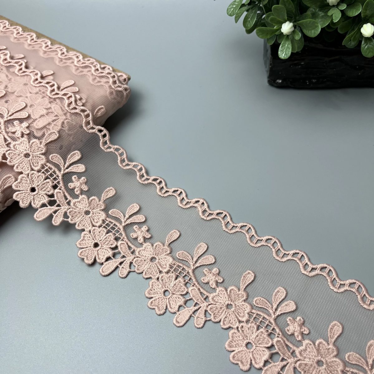 Daisy Sprig Wavy Edge Organza Net Lace Muted Powder Blush Pink