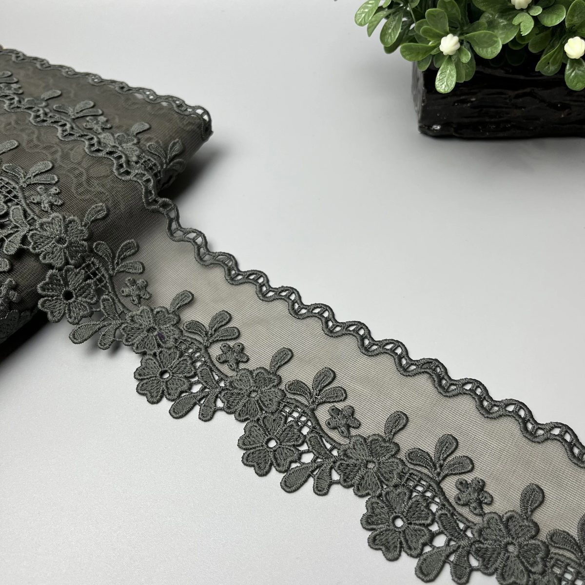 Daisy Sprig Wavy Edge Organza Net Lace Deep Charcoal Grey