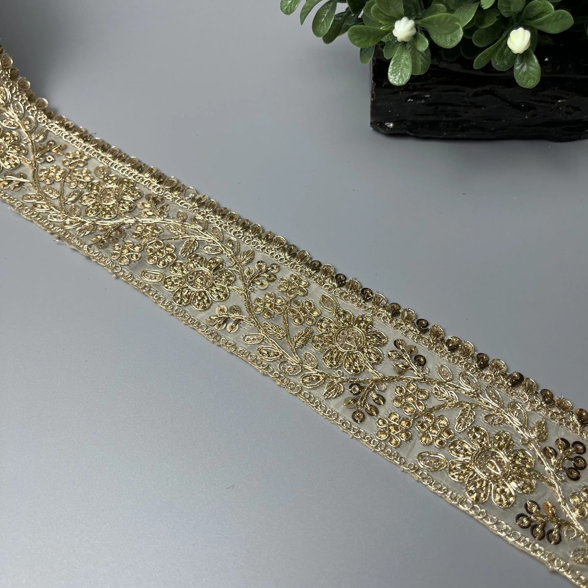 Floral Garden Vine Sitara Tilla Work Fancy Lace Light Champagne Gold