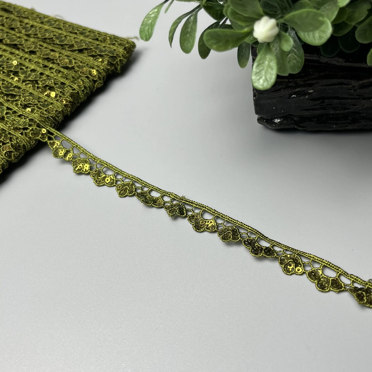 Floral Cluster Scallop Shuttle Sitara Lace Chartreuse Olive Green