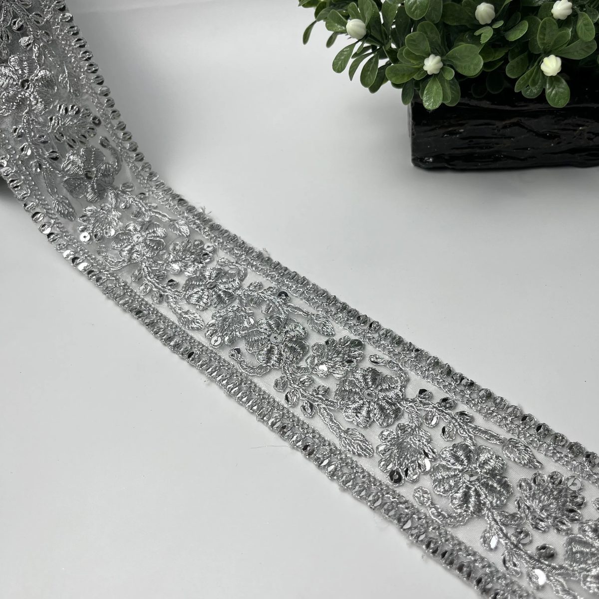 Floral Vine Sitara Tilla Work Fancy Lace Silver