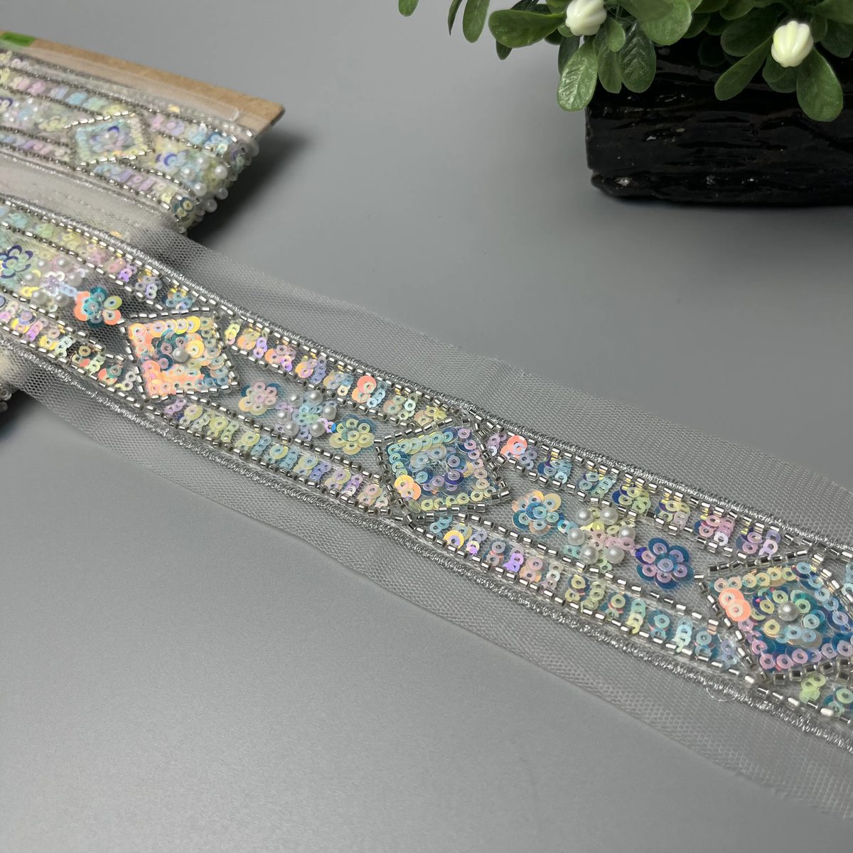 Geometric Diamond Pearl Cutdana Sitara Centre Lace Iridescent Pastel Multicolour, Silver And Pearl