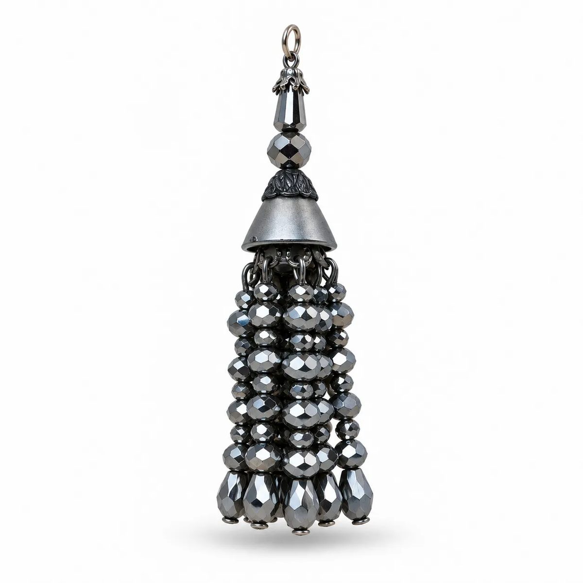Gunmetal Crystal Beaded Bell Fancy Tassel Latkan Dark Gunmetal Silver