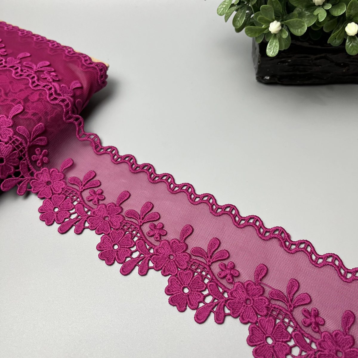 Daisy Sprig Wavy Edge Organza Net Lace Deep Raspberry Magenta