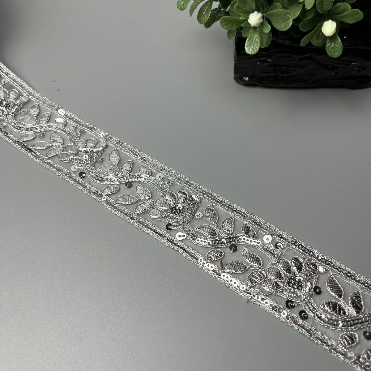 Arching Rose Vine Panni Sitara Tilla Work Fancy Lace Silver